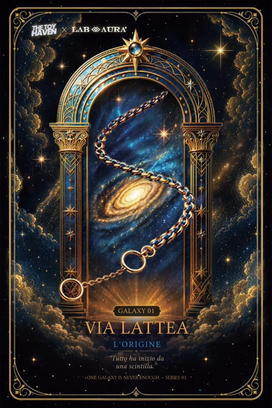 Card ufficiale Galaxy 01 Via Lattea – L’Origine: portale celeste blu e oro con bracciale che attraversa una galassia dorata.